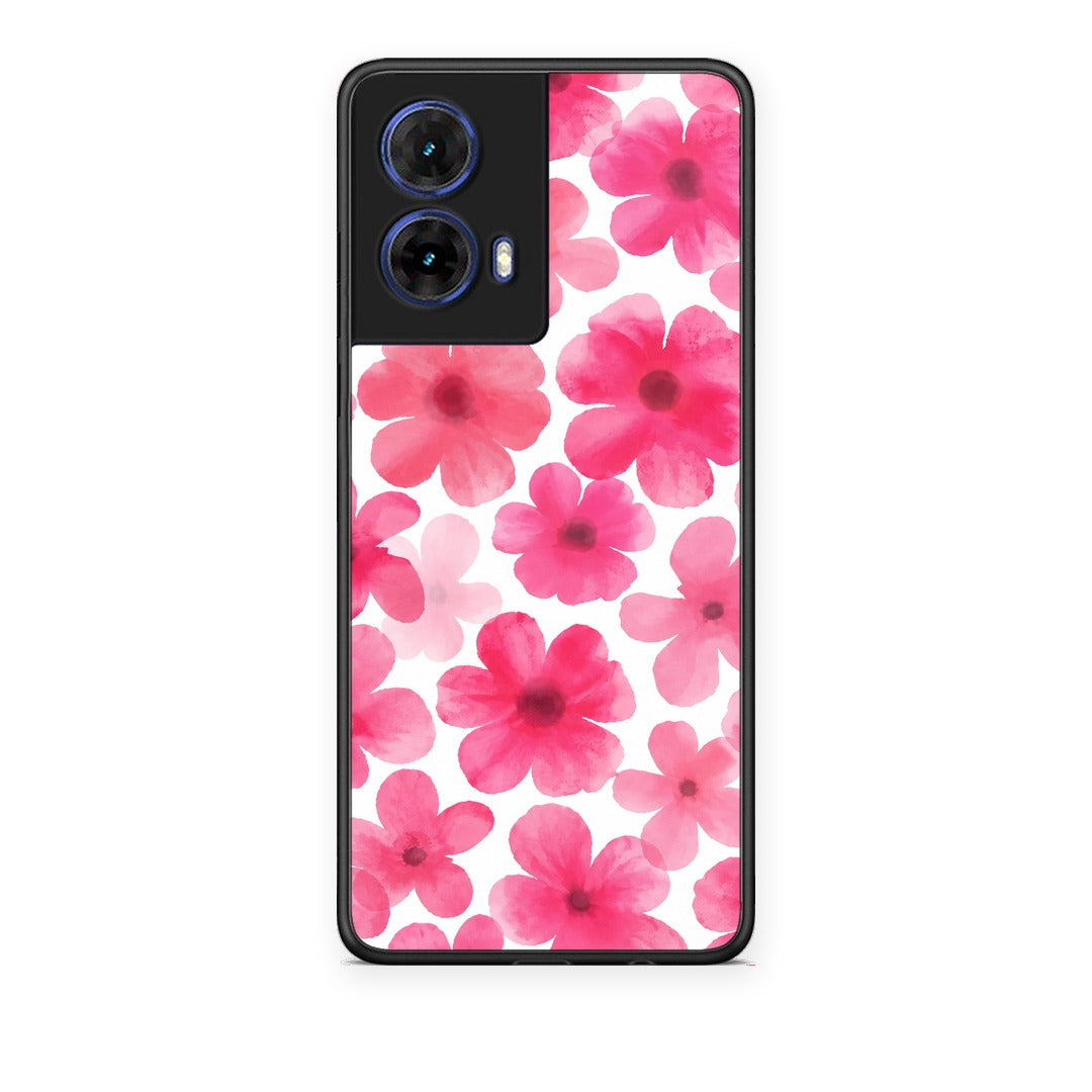 Θήκη Motorola Moto G85 Pink Watercolour Flowers on White από τη Smartfits με σχέδιο στο πίσω μέρος και μαύρο περίβλημα | Motorola Moto G85 Pink Watercolour Flowers on White case with colorful back and black bezels