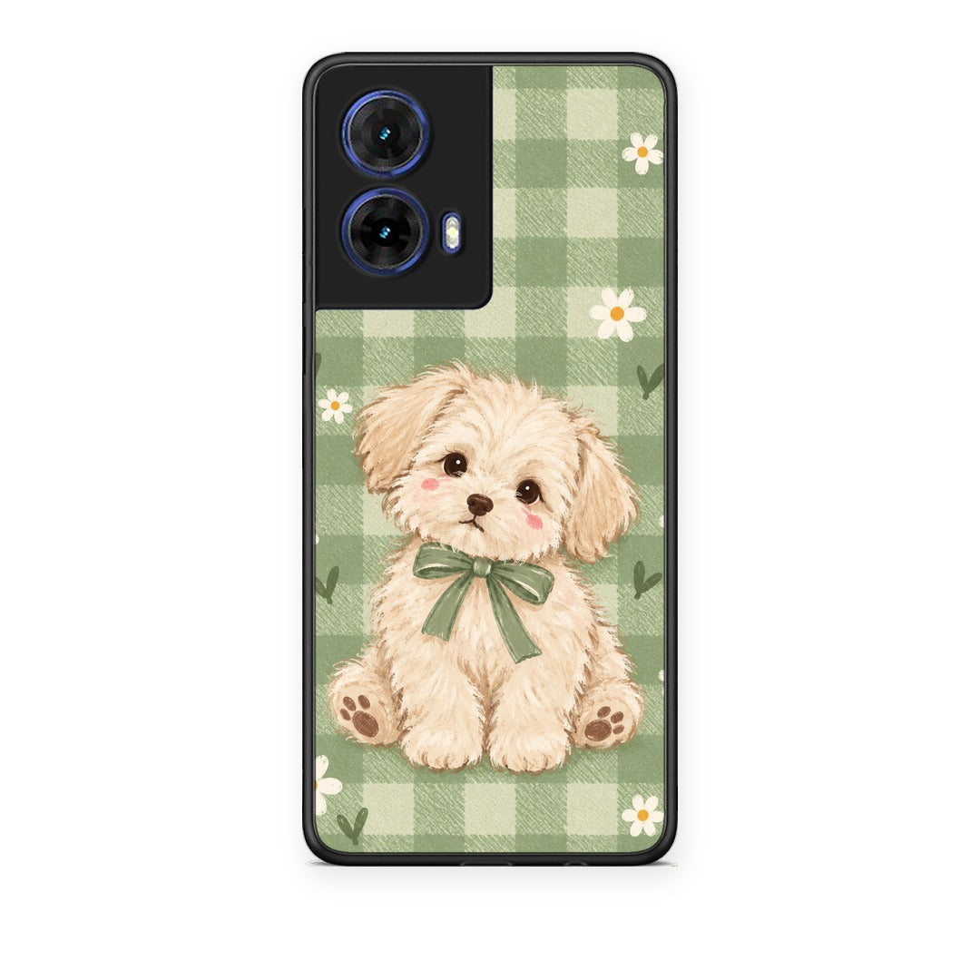 Θήκη Motorola Moto G85 Puppy and Daisies on Sage Gingham από τη Smartfits με σχέδιο στο πίσω μέρος και μαύρο περίβλημα | Motorola Moto G85 Puppy and Daisies on Sage Gingham case with colorful back and black bezels