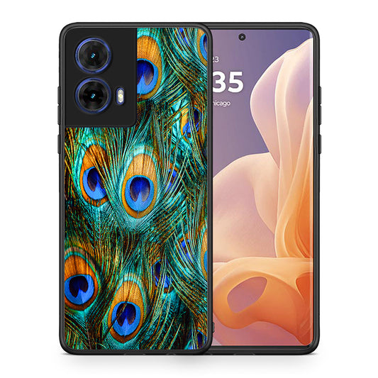 Θήκη Motorola Moto G85 Real Peacock Feathers από τη Smartfits με σχέδιο στο πίσω μέρος και μαύρο περίβλημα | Motorola Moto G85 Real Peacock Feathers case with colorful back and black bezels