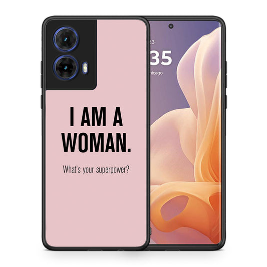 Θήκη Motorola Moto G85 Superpower Woman από τη Smartfits με σχέδιο στο πίσω μέρος και μαύρο περίβλημα | Motorola Moto G85 Superpower Woman case with colorful back and black bezels
