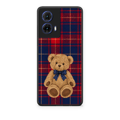 Θήκη Motorola Moto G85 Teddy Bear on Red and Navy Tartan από τη Smartfits με σχέδιο στο πίσω μέρος και μαύρο περίβλημα | Motorola Moto G85 Teddy Bear on Red and Navy Tartan case with colorful back and black bezels