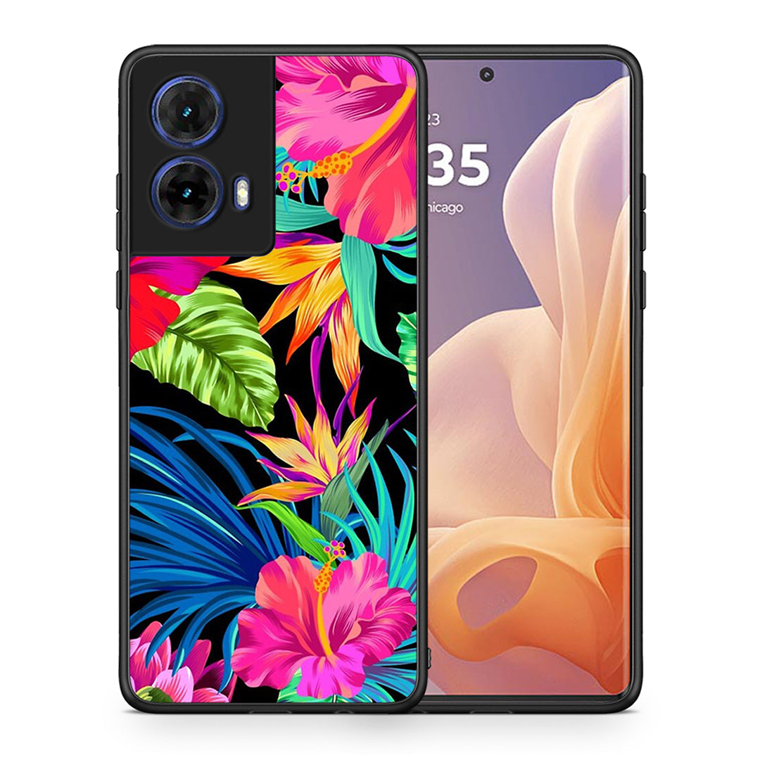 Θήκη Motorola Moto G85 Tropical Flowers από τη Smartfits με σχέδιο στο πίσω μέρος και μαύρο περίβλημα | Motorola Moto G85 Tropical Flowers case with colorful back and black bezels