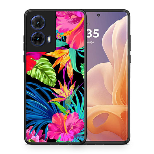 Θήκη Motorola Moto G85 Tropical Flowers από τη Smartfits με σχέδιο στο πίσω μέρος και μαύρο περίβλημα | Motorola Moto G85 Tropical Flowers case with colorful back and black bezels