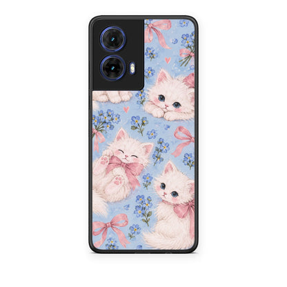 Θήκη Motorola Moto G85 White Kittens and Blue Flowers Large από τη Smartfits με σχέδιο στο πίσω μέρος και μαύρο περίβλημα | Motorola Moto G85 White Kittens and Blue Flowers Large case with colorful back and black bezels