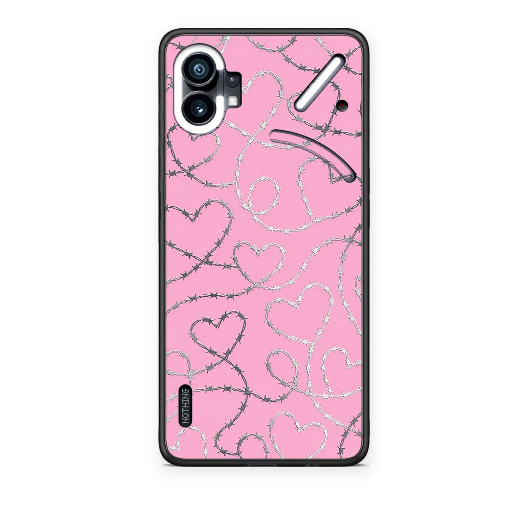 Θήκη Nothing Phone 1 Barbed Wire Hearts on Pink από τη Smartfits με σχέδιο στο πίσω μέρος και μαύρο περίβλημα | Nothing Phone 1 Barbed Wire Hearts on Pink case with colorful back and black bezels
