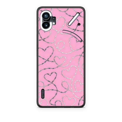 Θήκη Nothing Phone 1 Barbed Wire Hearts on Pink από τη Smartfits με σχέδιο στο πίσω μέρος και μαύρο περίβλημα | Nothing Phone 1 Barbed Wire Hearts on Pink case with colorful back and black bezels