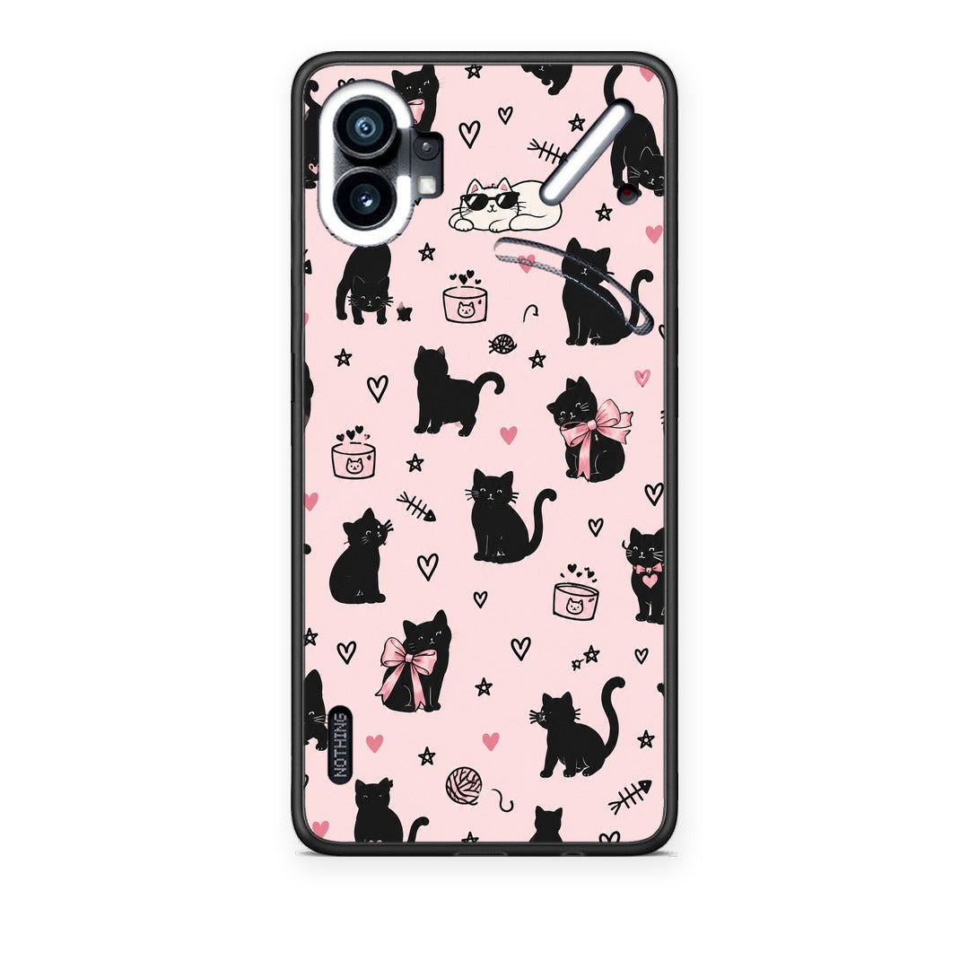 Θήκη Nothing Phone 1 Black Cat Doodles on Pink από τη Smartfits με σχέδιο στο πίσω μέρος και μαύρο περίβλημα | Nothing Phone 1 Black Cat Doodles on Pink case with colorful back and black bezels
