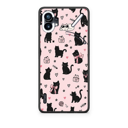 Θήκη Nothing Phone 1 Black Cat Doodles on Pink από τη Smartfits με σχέδιο στο πίσω μέρος και μαύρο περίβλημα | Nothing Phone 1 Black Cat Doodles on Pink case with colorful back and black bezels