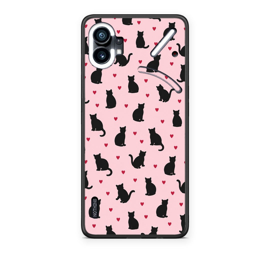 Θήκη Nothing Phone 1 Black Cat Silhouettes and Hearts on Pink από τη Smartfits με σχέδιο στο πίσω μέρος και μαύρο περίβλημα | Nothing Phone 1 Black Cat Silhouettes and Hearts on Pink case with colorful back and black bezels