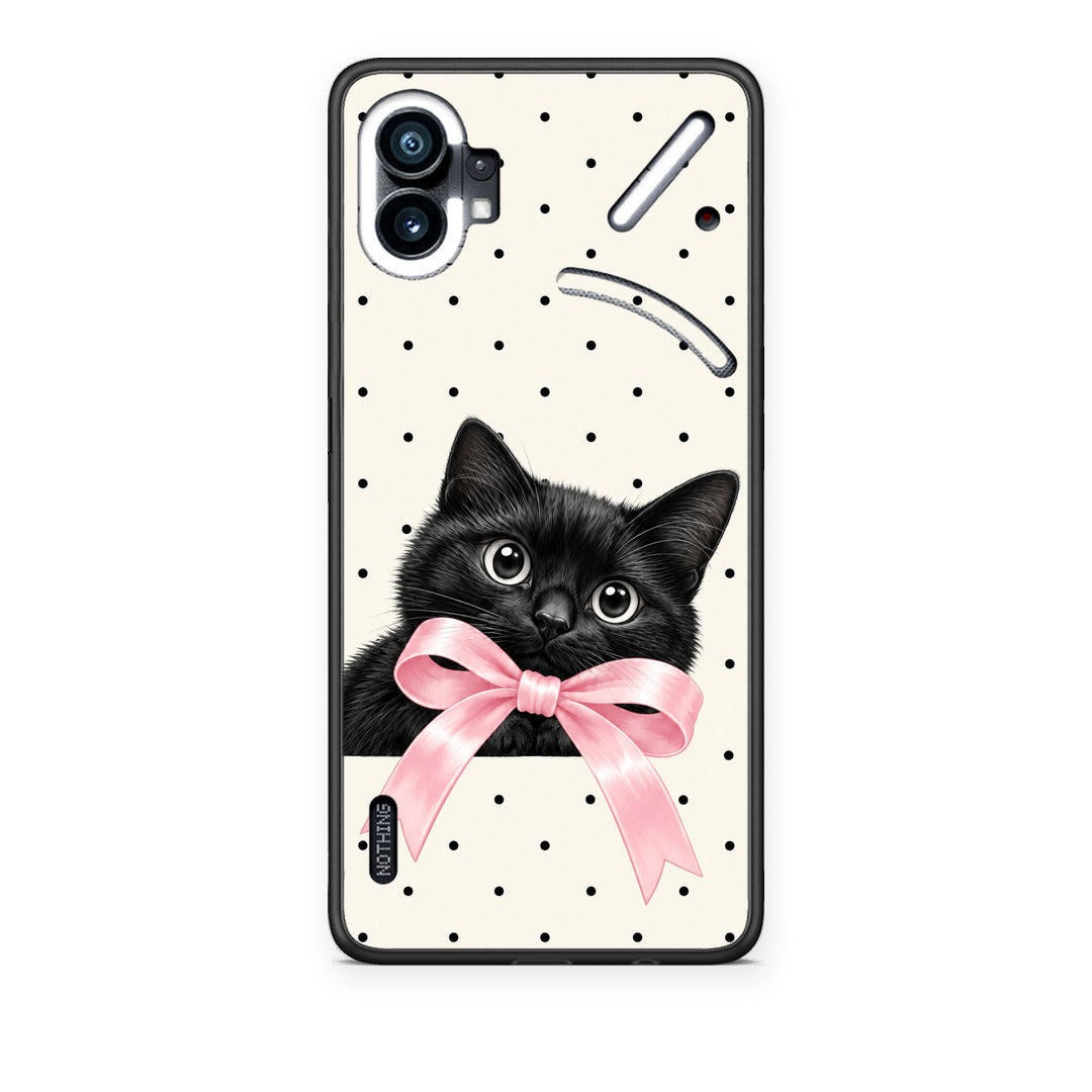 Θήκη Nothing Phone 1 Black Kitten Pink Bow and Polka Dots από τη Smartfits με σχέδιο στο πίσω μέρος και μαύρο περίβλημα | Nothing Phone 1 Black Kitten Pink Bow and Polka Dots case with colorful back and black bezels