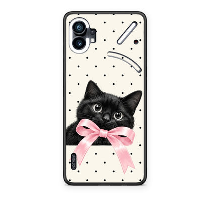 Θήκη Nothing Phone 1 Black Kitten Pink Bow and Polka Dots από τη Smartfits με σχέδιο στο πίσω μέρος και μαύρο περίβλημα | Nothing Phone 1 Black Kitten Pink Bow and Polka Dots case with colorful back and black bezels