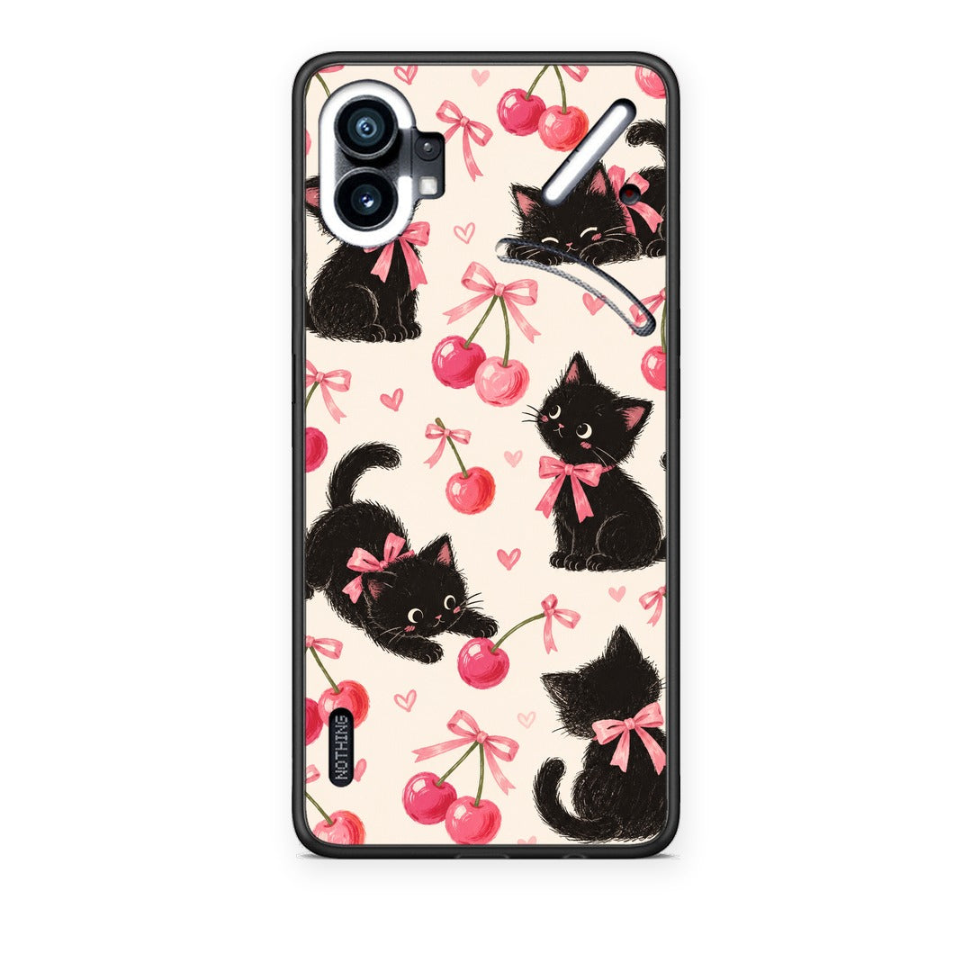Θήκη Nothing Phone 1 Black Kittens and Cherries on Cream από τη Smartfits με σχέδιο στο πίσω μέρος και μαύρο περίβλημα | Nothing Phone 1 Black Kittens and Cherries on Cream case with colorful back and black bezels