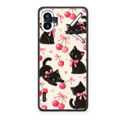 Θήκη Nothing Phone 1 Black Kittens and Cherries on Cream από τη Smartfits με σχέδιο στο πίσω μέρος και μαύρο περίβλημα | Nothing Phone 1 Black Kittens and Cherries on Cream case with colorful back and black bezels