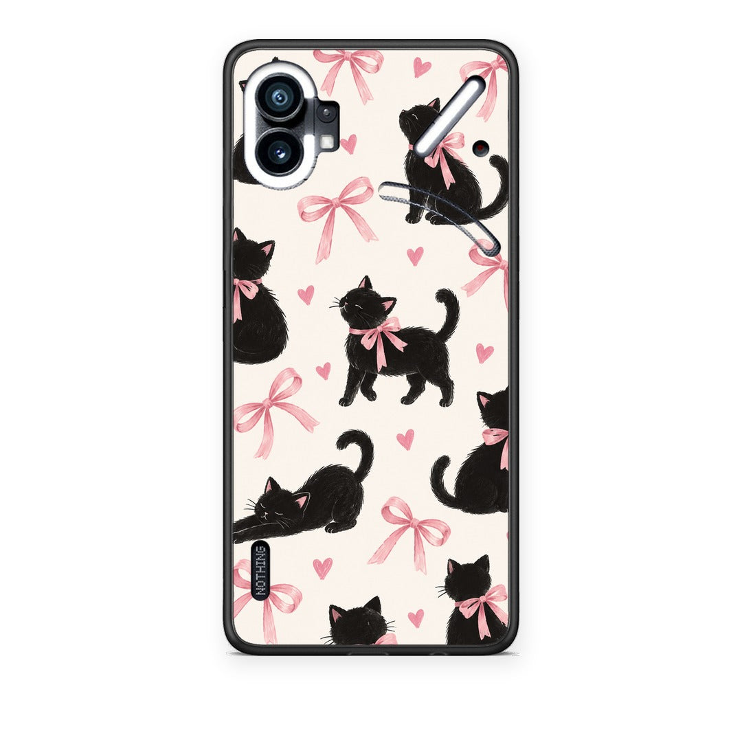 Θήκη Nothing Phone 1 Black Kittens and Pink Bows on Cream Large από τη Smartfits με σχέδιο στο πίσω μέρος και μαύρο περίβλημα | Nothing Phone 1 Black Kittens and Pink Bows on Cream Large case with colorful back and black bezels