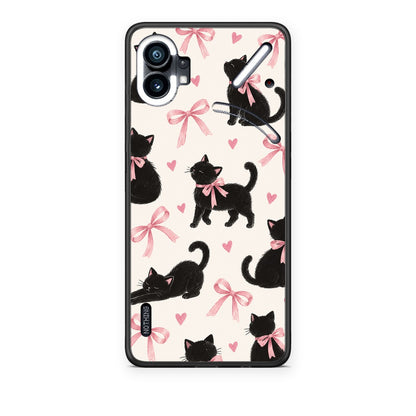Θήκη Nothing Phone 1 Black Kittens and Pink Bows on Cream Large από τη Smartfits με σχέδιο στο πίσω μέρος και μαύρο περίβλημα | Nothing Phone 1 Black Kittens and Pink Bows on Cream Large case with colorful back and black bezels