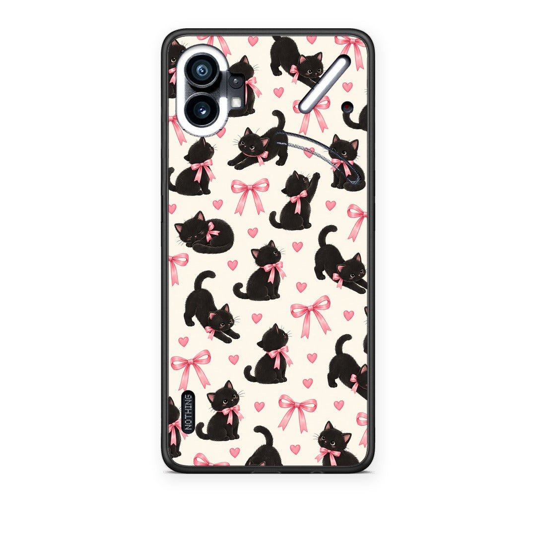 Θήκη Nothing Phone 1 Black Kittens and Pink Bows on Cream Small από τη Smartfits με σχέδιο στο πίσω μέρος και μαύρο περίβλημα | Nothing Phone 1 Black Kittens and Pink Bows on Cream Small case with colorful back and black bezels