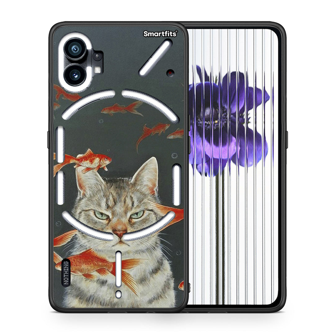 Θήκη Nothing Phone 1 Cat Goldfish από τη Smartfits με σχέδιο στο πίσω μέρος και μαύρο περίβλημα | Nothing Phone 1 Cat Goldfish case with colorful back and black bezels