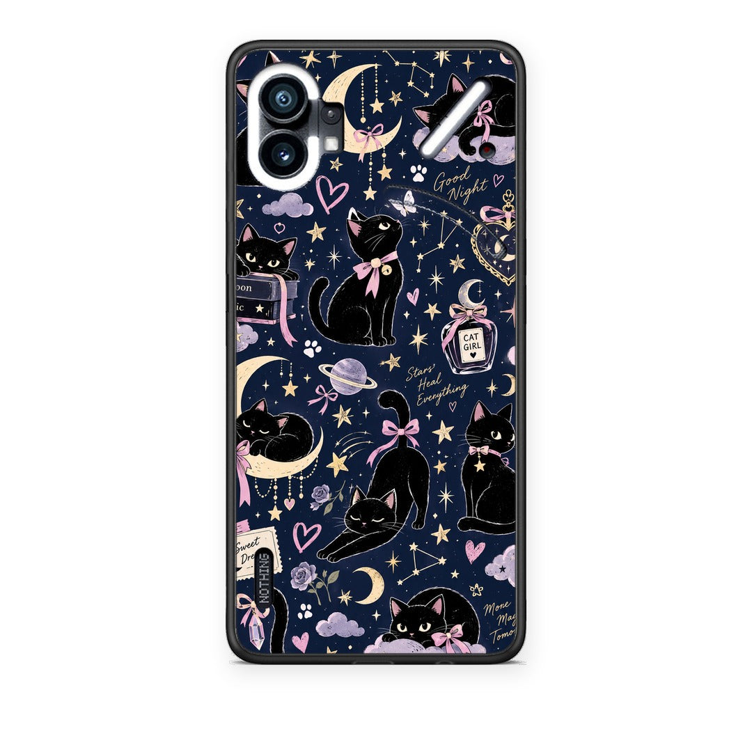 Θήκη Nothing Phone 1 Celestial Black Cats on Navy από τη Smartfits με σχέδιο στο πίσω μέρος και μαύρο περίβλημα | Nothing Phone 1 Celestial Black Cats on Navy case with colorful back and black bezels