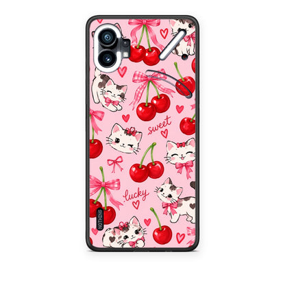 Θήκη Nothing Phone 1 Cherries Bows and Kittens on Pink από τη Smartfits με σχέδιο στο πίσω μέρος και μαύρο περίβλημα | Nothing Phone 1 Cherries Bows and Kittens on Pink case with colorful back and black bezels