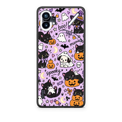Θήκη Nothing Phone 1 Halloween Black Cats on Lilac από τη Smartfits με σχέδιο στο πίσω μέρος και μαύρο περίβλημα | Nothing Phone 1 Halloween Black Cats on Lilac case with colorful back and black bezels