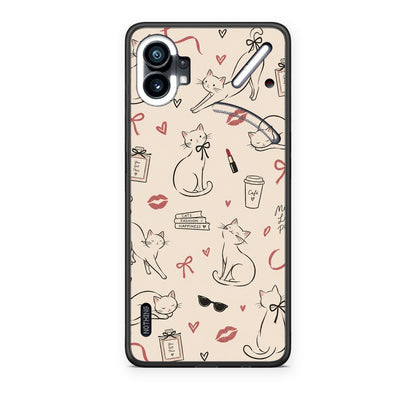 Θήκη Nothing Phone 1 Minimal Cat and Fashion Doodles on Cream από τη Smartfits με σχέδιο στο πίσω μέρος και μαύρο περίβλημα | Nothing Phone 1 Minimal Cat and Fashion Doodles on Cream case with colorful back and black bezels