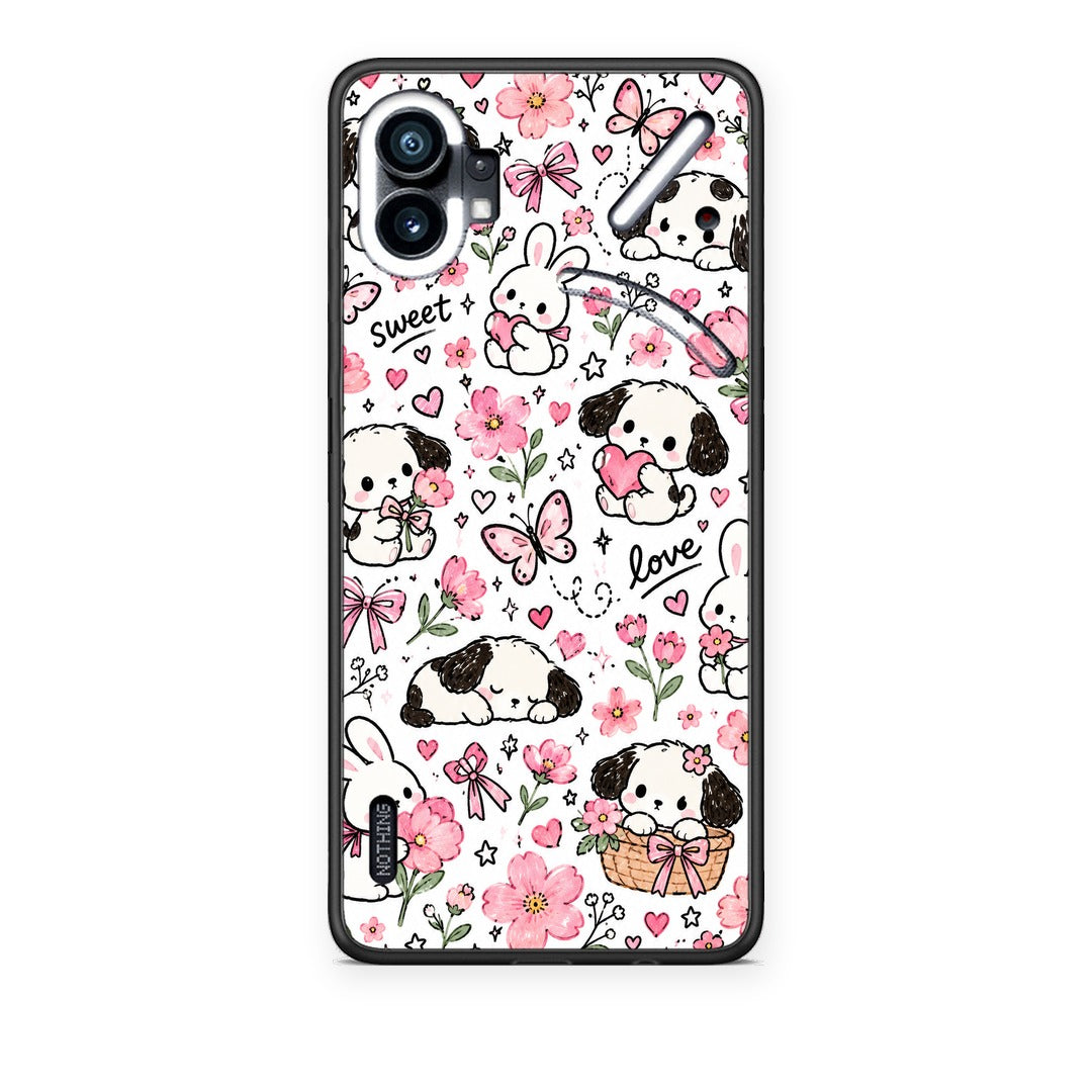 Θήκη Nothing Phone 1 Pink Florals Puppies and Bunnies on White από τη Smartfits με σχέδιο στο πίσω μέρος και μαύρο περίβλημα | Nothing Phone 1 Pink Florals Puppies and Bunnies on White case with colorful back and black bezels
