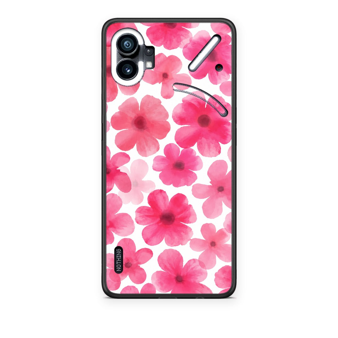 Θήκη Nothing Phone 1 Pink Watercolour Flowers on White από τη Smartfits με σχέδιο στο πίσω μέρος και μαύρο περίβλημα | Nothing Phone 1 Pink Watercolour Flowers on White case with colorful back and black bezels