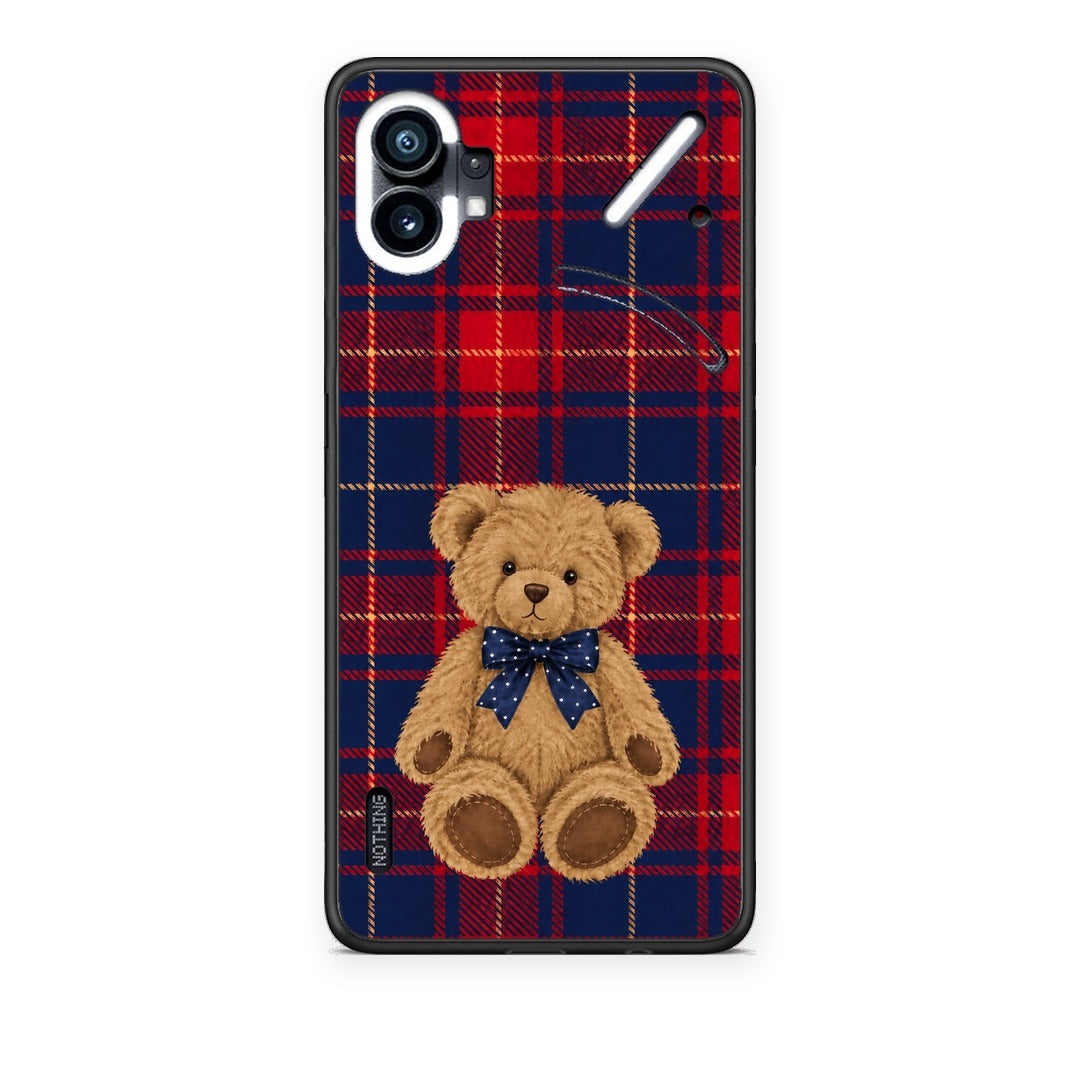 Θήκη Nothing Phone 1 Teddy Bear on Red and Navy Tartan από τη Smartfits με σχέδιο στο πίσω μέρος και μαύρο περίβλημα | Nothing Phone 1 Teddy Bear on Red and Navy Tartan case with colorful back and black bezels