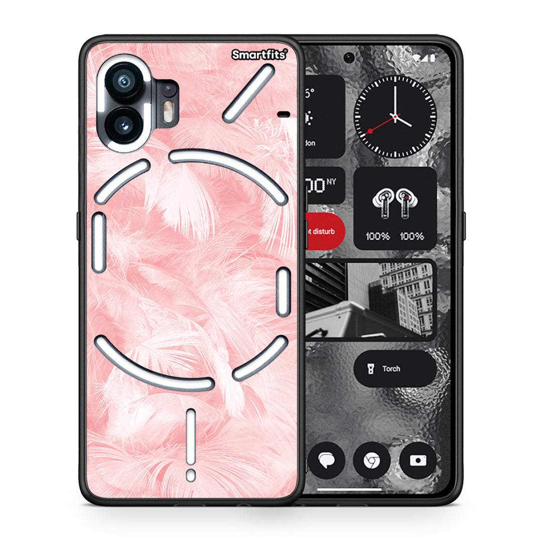 Θήκη Nothing Phone 2 Pink Feather Boho από τη Smartfits με σχέδιο στο πίσω μέρος και μαύρο περίβλημα | Nothing Phone 2 Pink Feather Boho case with colorful back and black bezels