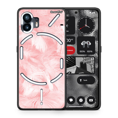 Θήκη Nothing Phone 2 Pink Feather Boho από τη Smartfits με σχέδιο στο πίσω μέρος και μαύρο περίβλημα | Nothing Phone 2 Pink Feather Boho case with colorful back and black bezels