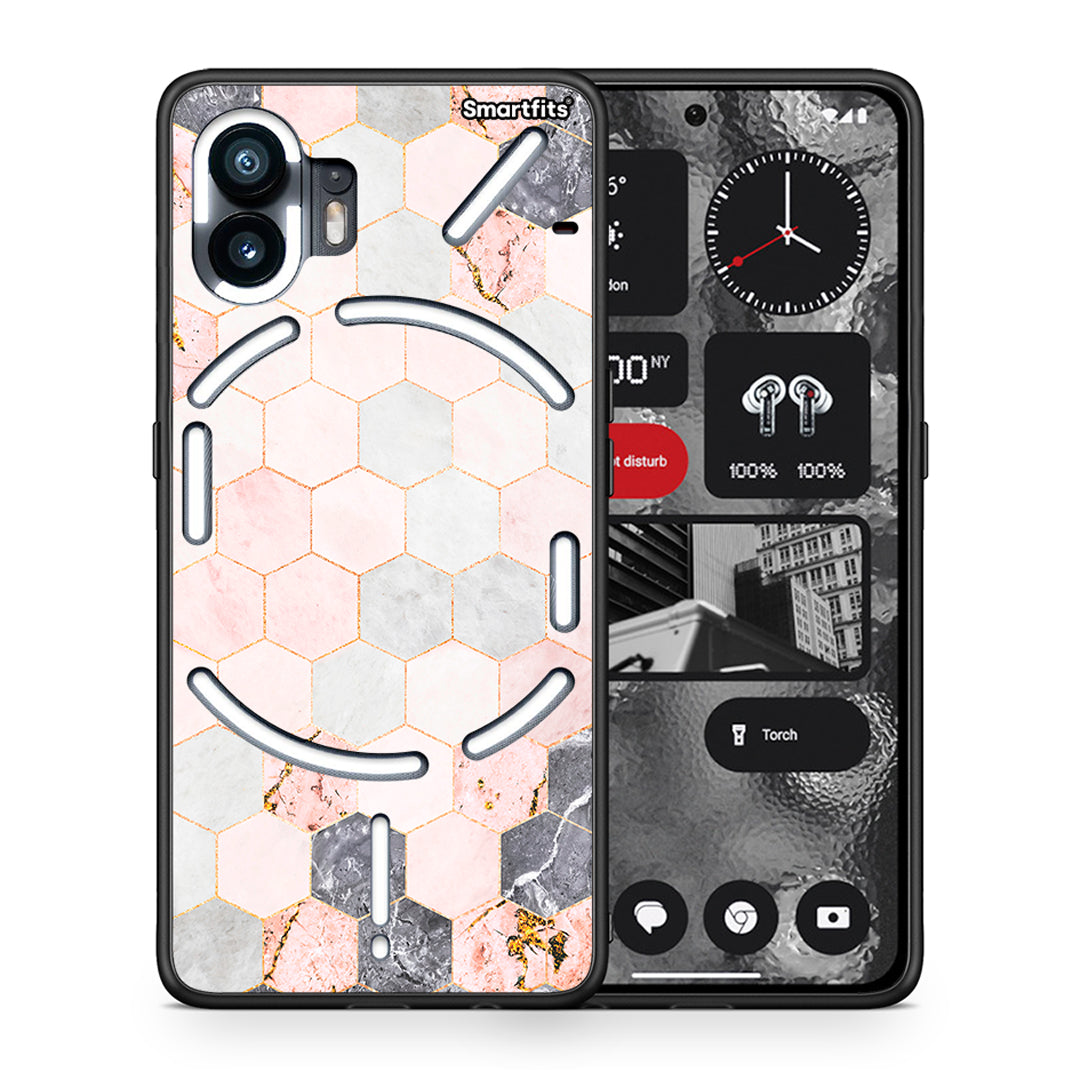 Θήκη Nothing Phone 2 Hexagon Pink Marble από τη Smartfits με σχέδιο στο πίσω μέρος και μαύρο περίβλημα | Nothing Phone 2 Hexagon Pink Marble case with colorful back and black bezels