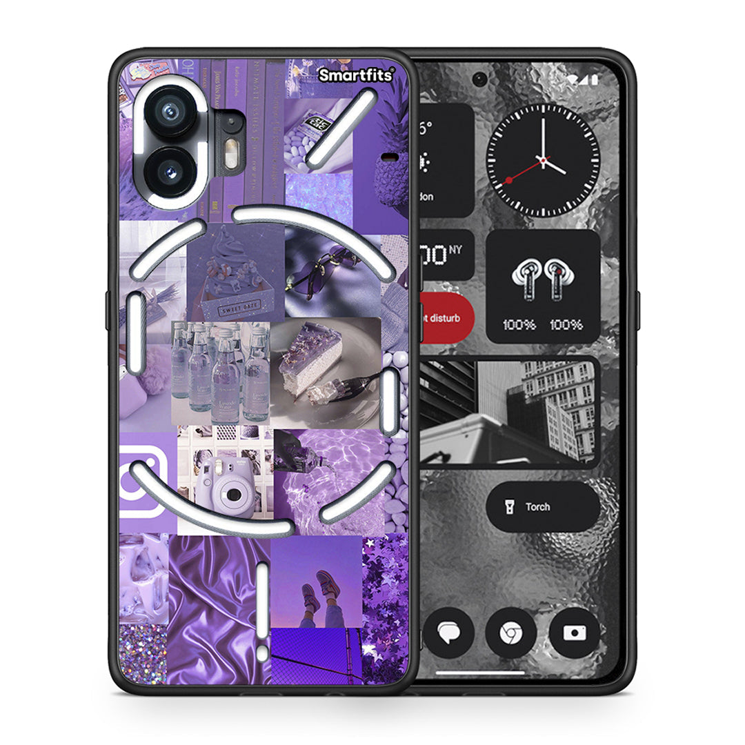 Θήκη Nothing Phone 2 Purple Aesthetic Collage από τη Smartfits με σχέδιο στο πίσω μέρος και μαύρο περίβλημα | Nothing Phone 2 Purple Aesthetic Collage case with colorful back and black bezels
