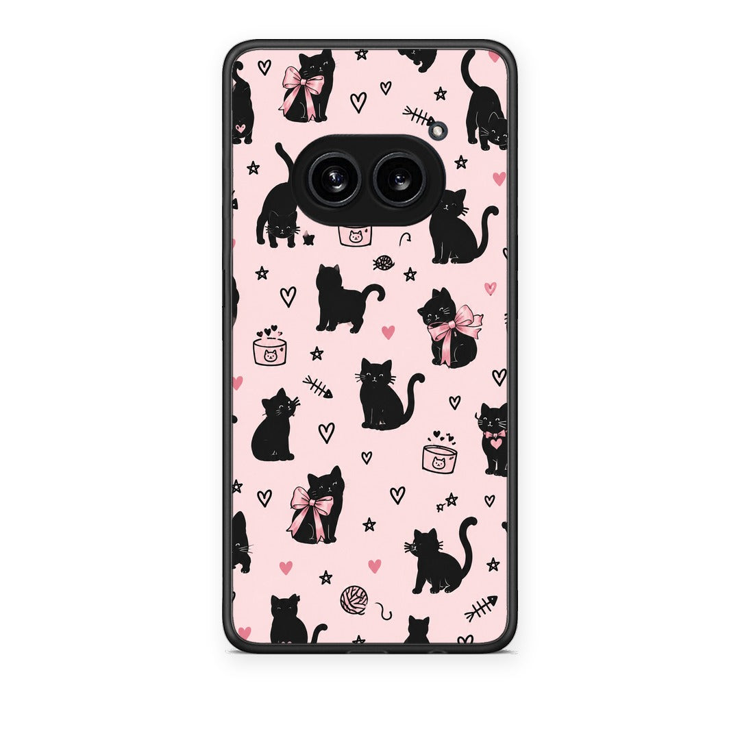 Θήκη Nothing Phone 2a Black Cat Doodles on Pink από τη Smartfits με σχέδιο στο πίσω μέρος και μαύρο περίβλημα | Nothing Phone 2a Black Cat Doodles on Pink case with colorful back and black bezels