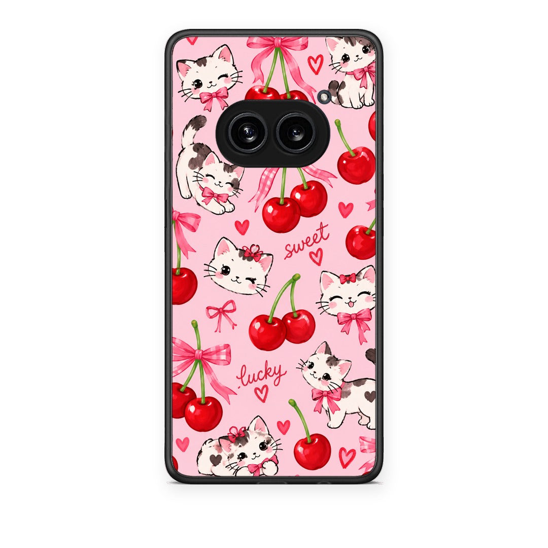 Θήκη Nothing Phone 2a Cherries Bows and Kittens on Pink από τη Smartfits με σχέδιο στο πίσω μέρος και μαύρο περίβλημα | Nothing Phone 2a Cherries Bows and Kittens on Pink case with colorful back and black bezels