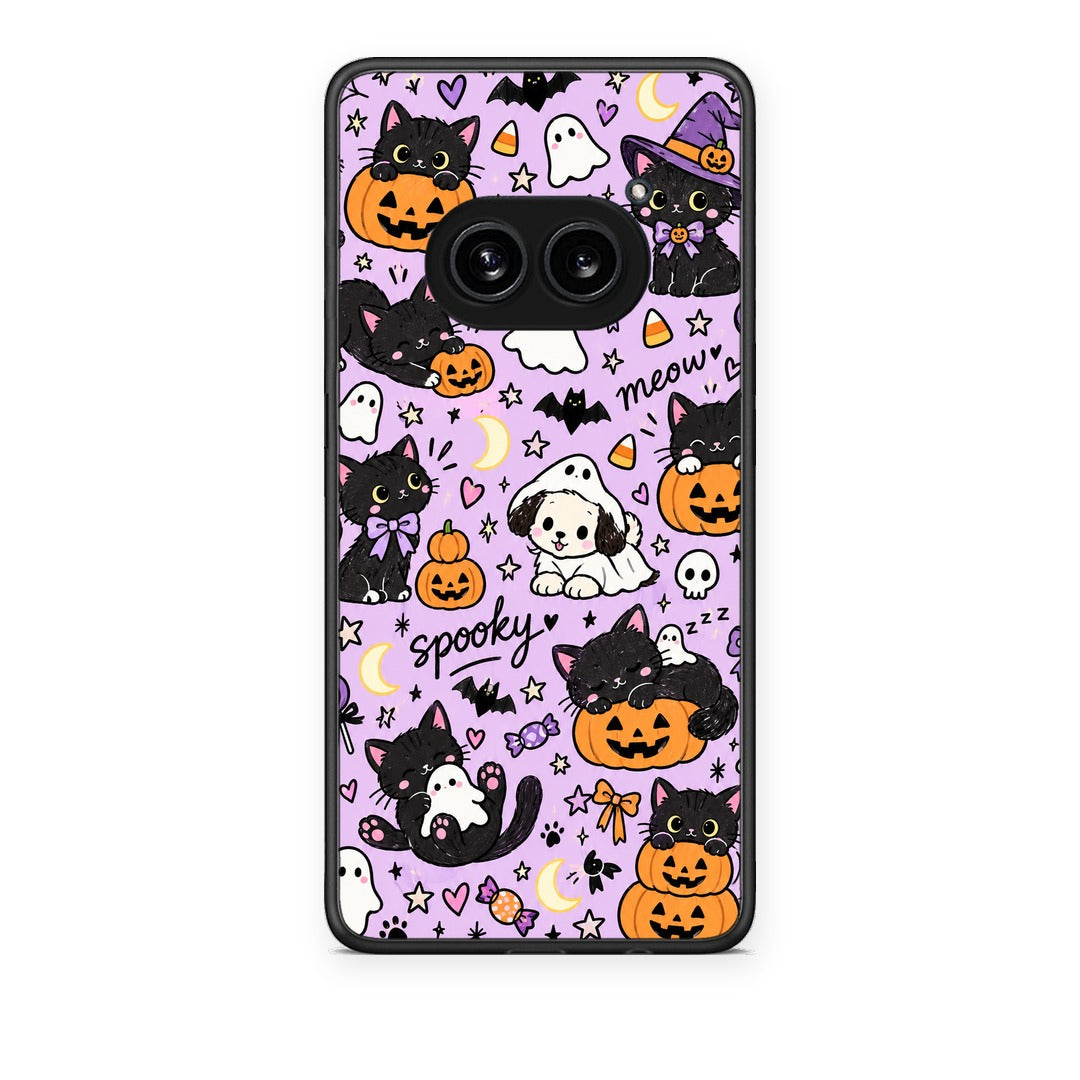 Θήκη Nothing Phone 2a Halloween Black Cats on Lilac από τη Smartfits με σχέδιο στο πίσω μέρος και μαύρο περίβλημα | Nothing Phone 2a Halloween Black Cats on Lilac case with colorful back and black bezels
