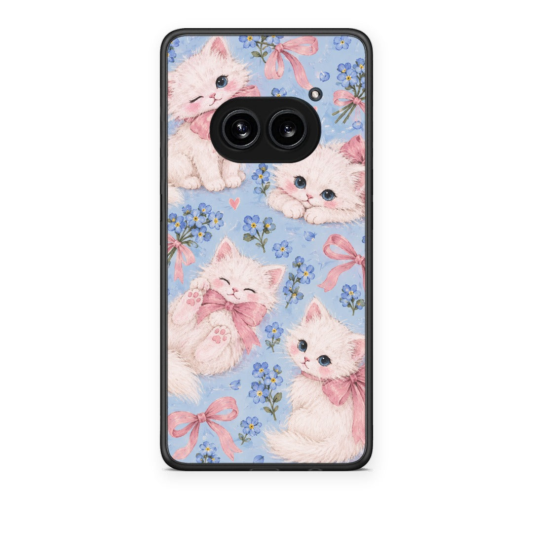 Θήκη Nothing Phone 2a White Kittens and Blue Flowers Large από τη Smartfits με σχέδιο στο πίσω μέρος και μαύρο περίβλημα | Nothing Phone 2a White Kittens and Blue Flowers Large case with colorful back and black bezels
