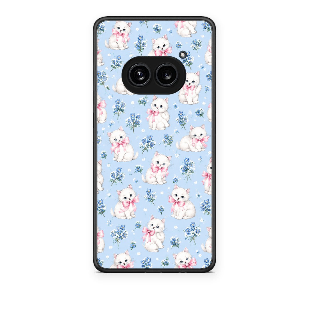 Θήκη Nothing Phone 2a White Kittens and Blue Flowers Small από τη Smartfits με σχέδιο στο πίσω μέρος και μαύρο περίβλημα | Nothing Phone 2a White Kittens and Blue Flowers Small case with colorful back and black bezels