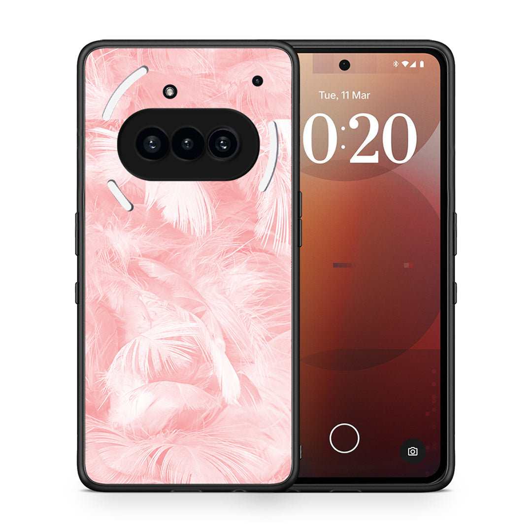 Θήκη Nothing Phone 3a Pink Feather Boho από τη Smartfits με σχέδιο στο πίσω μέρος και μαύρο περίβλημα | Nothing Phone 3a Pink Feather Boho case with colorful back and black bezels