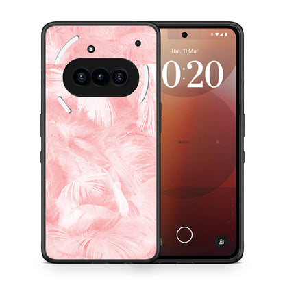 Θήκη Nothing Phone 3a Pink Feather Boho από τη Smartfits με σχέδιο στο πίσω μέρος και μαύρο περίβλημα | Nothing Phone 3a Pink Feather Boho case with colorful back and black bezels
