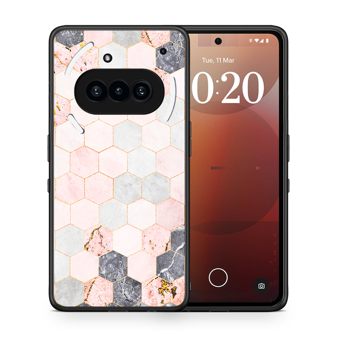 Θήκη Nothing Phone 3a Hexagon Pink Marble από τη Smartfits με σχέδιο στο πίσω μέρος και μαύρο περίβλημα | Nothing Phone 3a Hexagon Pink Marble case with colorful back and black bezels