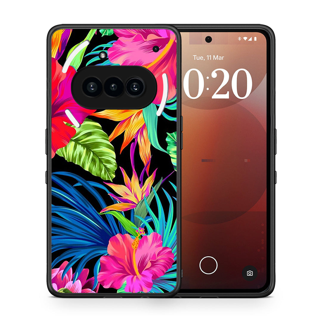 Θήκη Nothing Phone 3a Tropical Flowers από τη Smartfits με σχέδιο στο πίσω μέρος και μαύρο περίβλημα | Nothing Phone 3a Tropical Flowers case with colorful back and black bezels