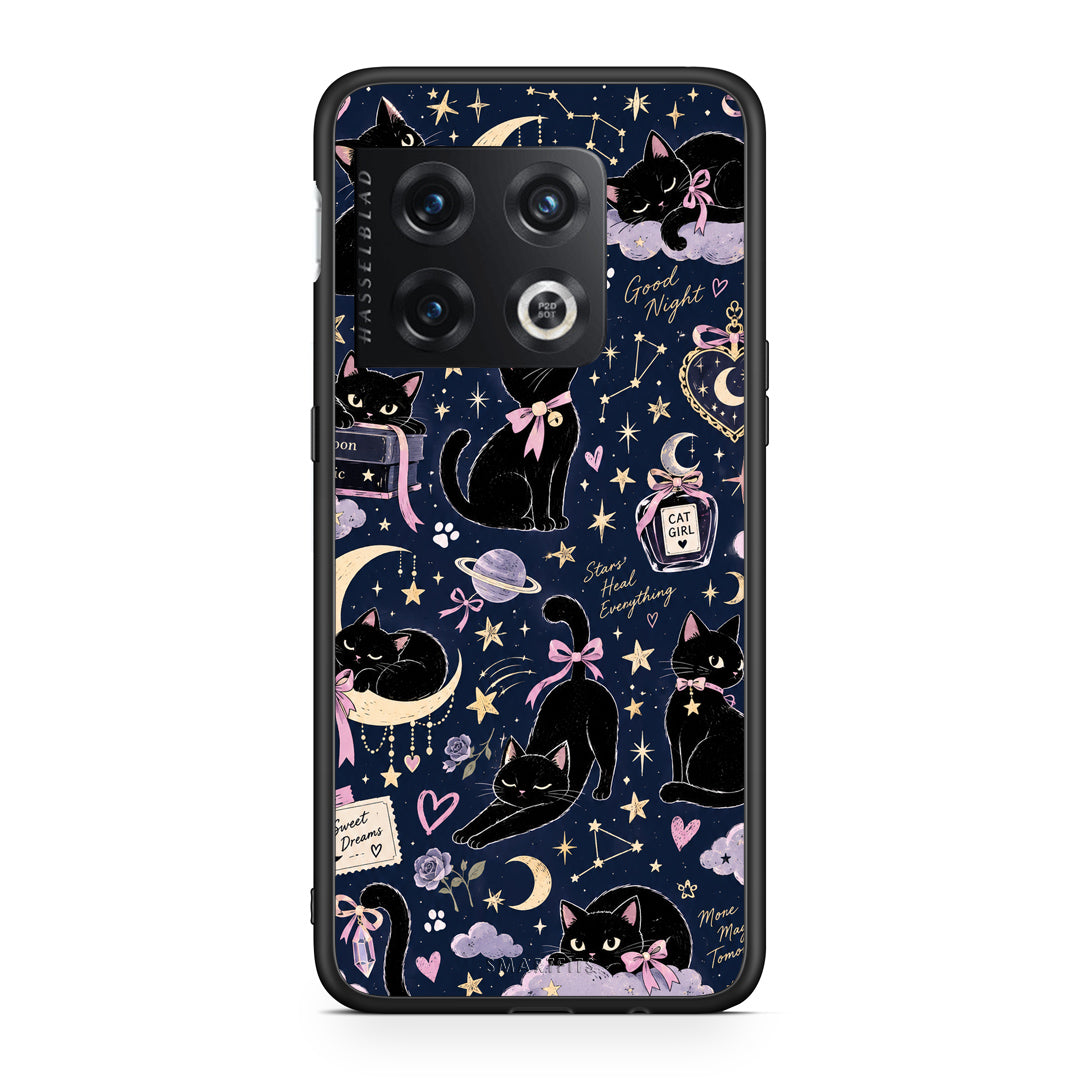 Θήκη OnePlus 10 Pro Celestial Black Cats on Navy από τη Smartfits με σχέδιο στο πίσω μέρος και μαύρο περίβλημα | OnePlus 10 Pro Celestial Black Cats on Navy case with colorful back and black bezels