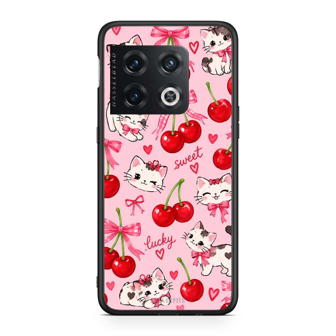 Θήκη OnePlus 10 Pro Cherries Bows and Kittens on Pink από τη Smartfits με σχέδιο στο πίσω μέρος και μαύρο περίβλημα | OnePlus 10 Pro Cherries Bows and Kittens on Pink case with colorful back and black bezels