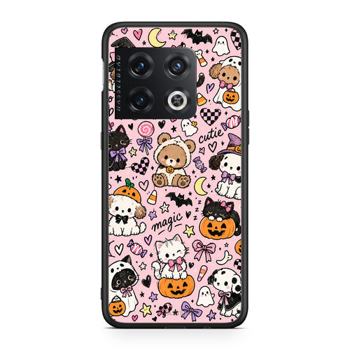Θήκη OnePlus 10 Pro Halloween Cute Animals on Pink από τη Smartfits με σχέδιο στο πίσω μέρος και μαύρο περίβλημα | OnePlus 10 Pro Halloween Cute Animals on Pink case with colorful back and black bezels