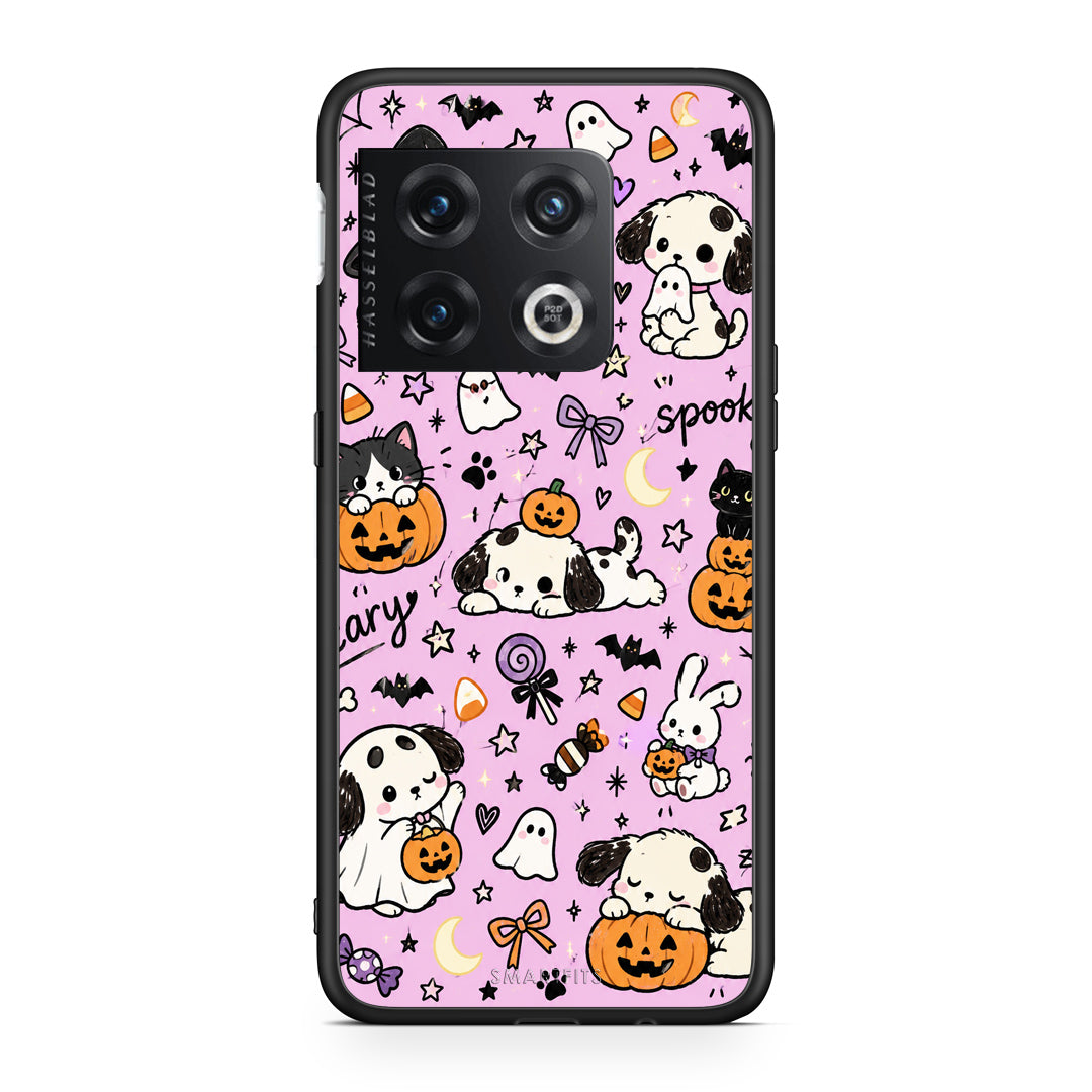 Θήκη OnePlus 10 Pro Halloween Puppies and Friends on Lilac από τη Smartfits με σχέδιο στο πίσω μέρος και μαύρο περίβλημα | OnePlus 10 Pro Halloween Puppies and Friends on Lilac case with colorful back and black bezels