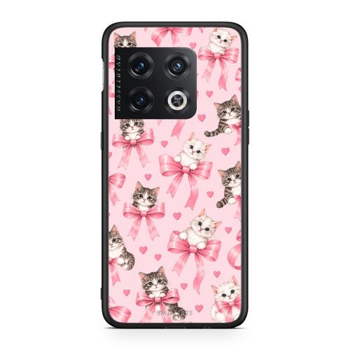 Θήκη OnePlus 10 Pro Kittens and Pink Bows on Pink από τη Smartfits με σχέδιο στο πίσω μέρος και μαύρο περίβλημα | OnePlus 10 Pro Kittens and Pink Bows on Pink case with colorful back and black bezels