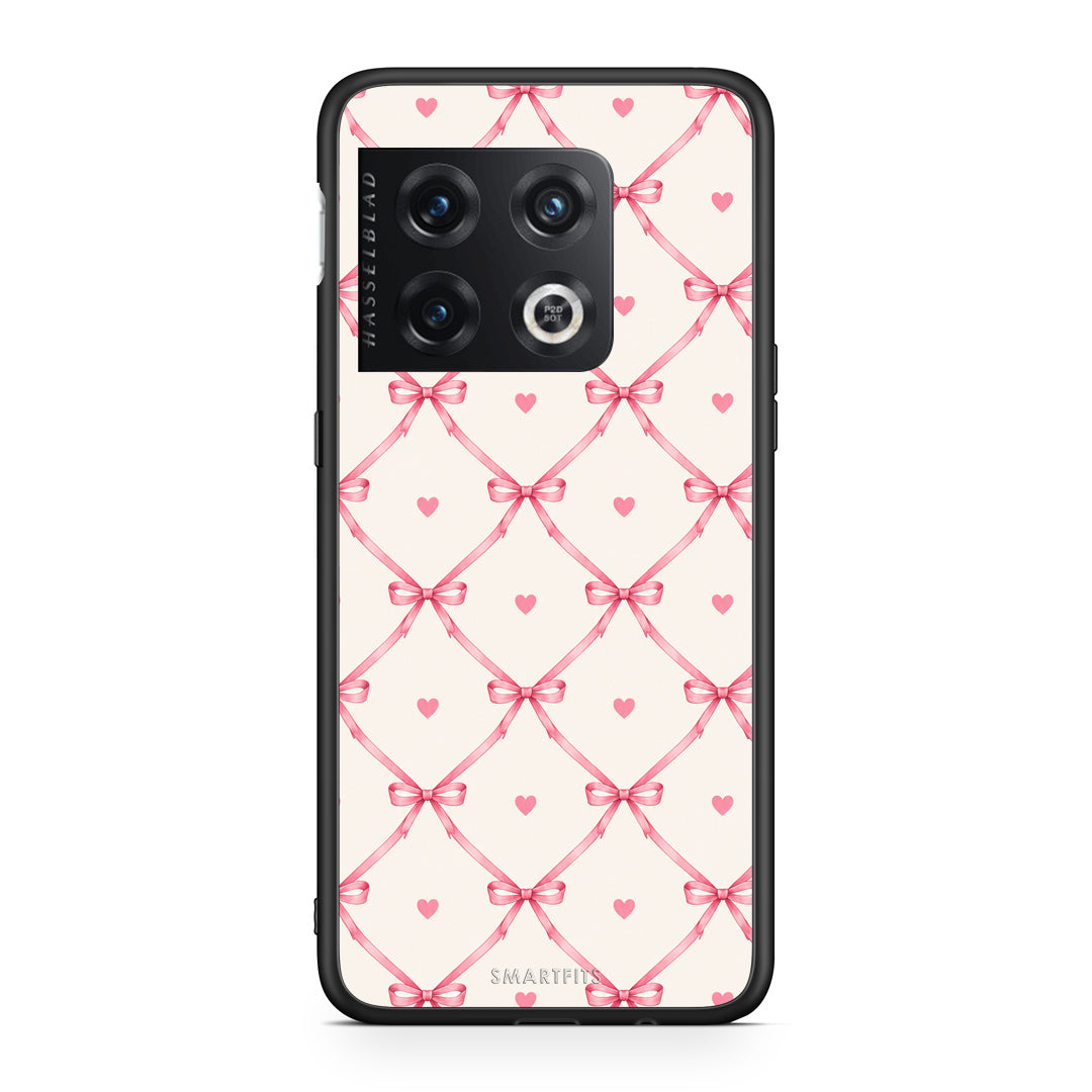 Θήκη OnePlus 10 Pro Pink Bow Lattice and Hearts on Cream από τη Smartfits με σχέδιο στο πίσω μέρος και μαύρο περίβλημα | OnePlus 10 Pro Pink Bow Lattice and Hearts on Cream case with colorful back and black bezels