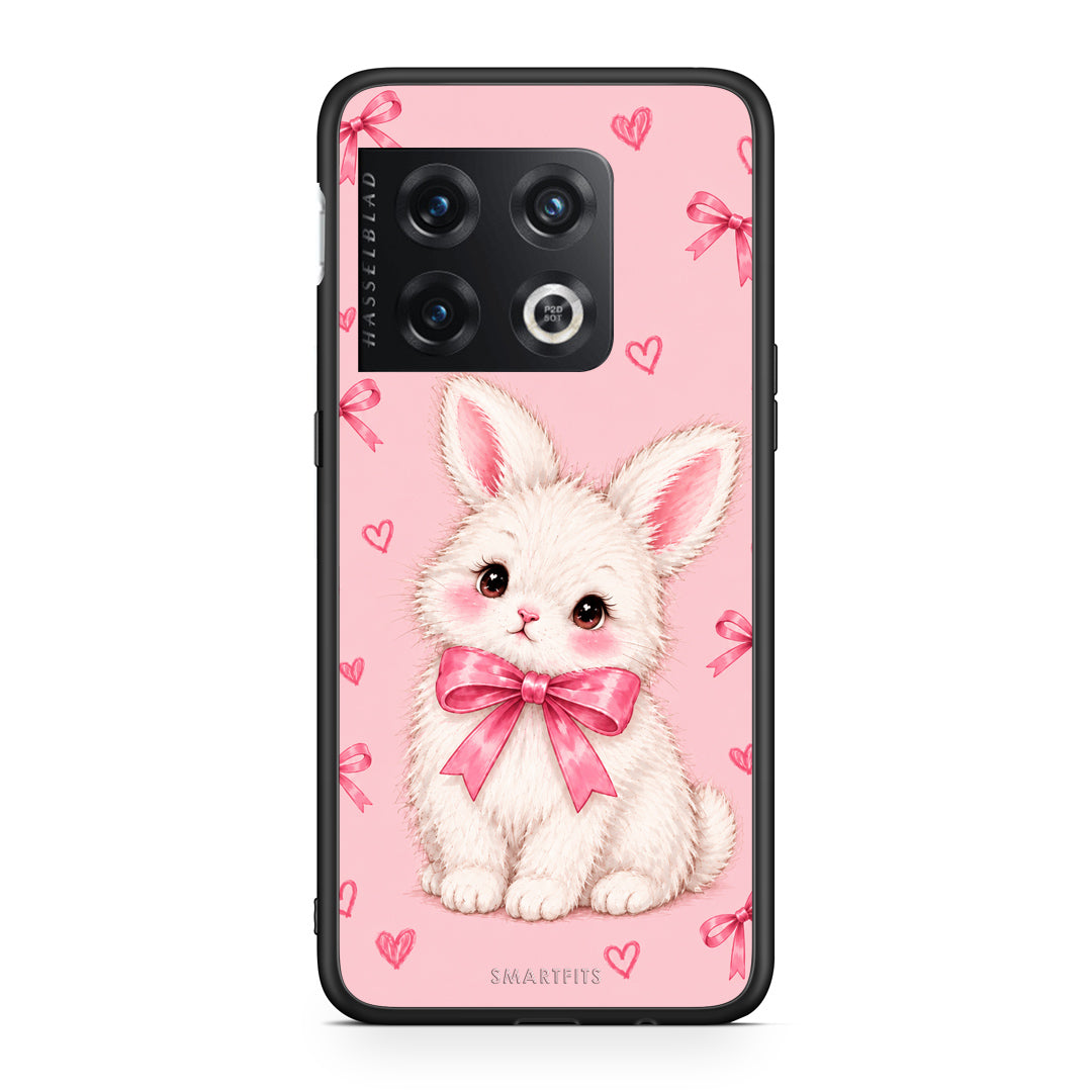 Θήκη OnePlus 10 Pro White Bunny and Pink Bows από τη Smartfits με σχέδιο στο πίσω μέρος και μαύρο περίβλημα | OnePlus 10 Pro White Bunny and Pink Bows case with colorful back and black bezels