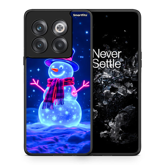 Θήκη OnePlus 10T Christmas Neon Snowman από τη Smartfits με σχέδιο στο πίσω μέρος και μαύρο περίβλημα | OnePlus 10T Christmas Neon Snowman case with colorful back and black bezels
