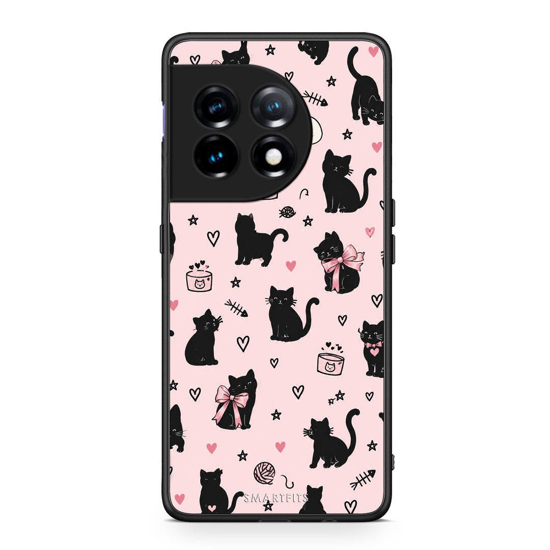 Θήκη OnePlus 11 5G Black Cat Doodles on Pink από τη Smartfits με σχέδιο στο πίσω μέρος και μαύρο περίβλημα | OnePlus 11 5G Black Cat Doodles on Pink case with colorful back and black bezels